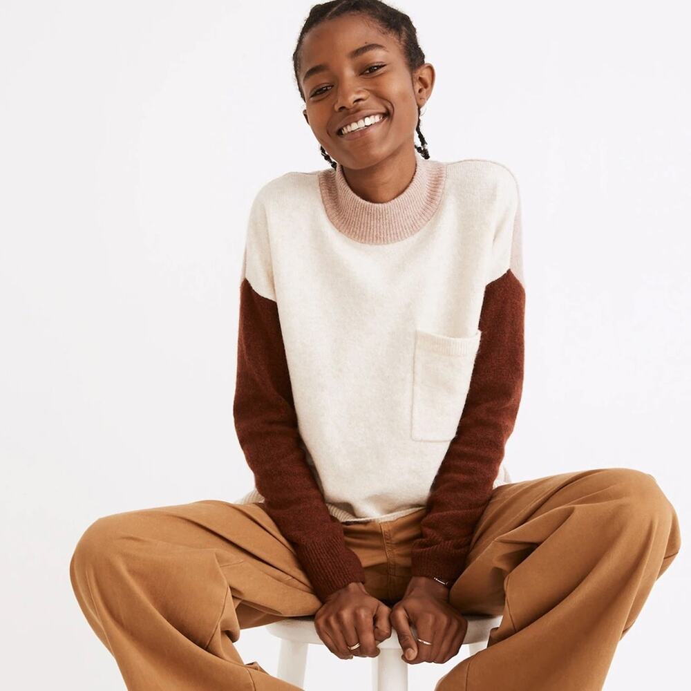 Madewell Redmond Mockneck Pocket Sweater Colorblock Heather Gardenia Size XXS